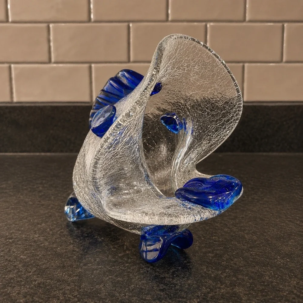 Art Glass Mexican Fish Crackle Glass Cobalt Blue Nautical Big Mouth Ashtray